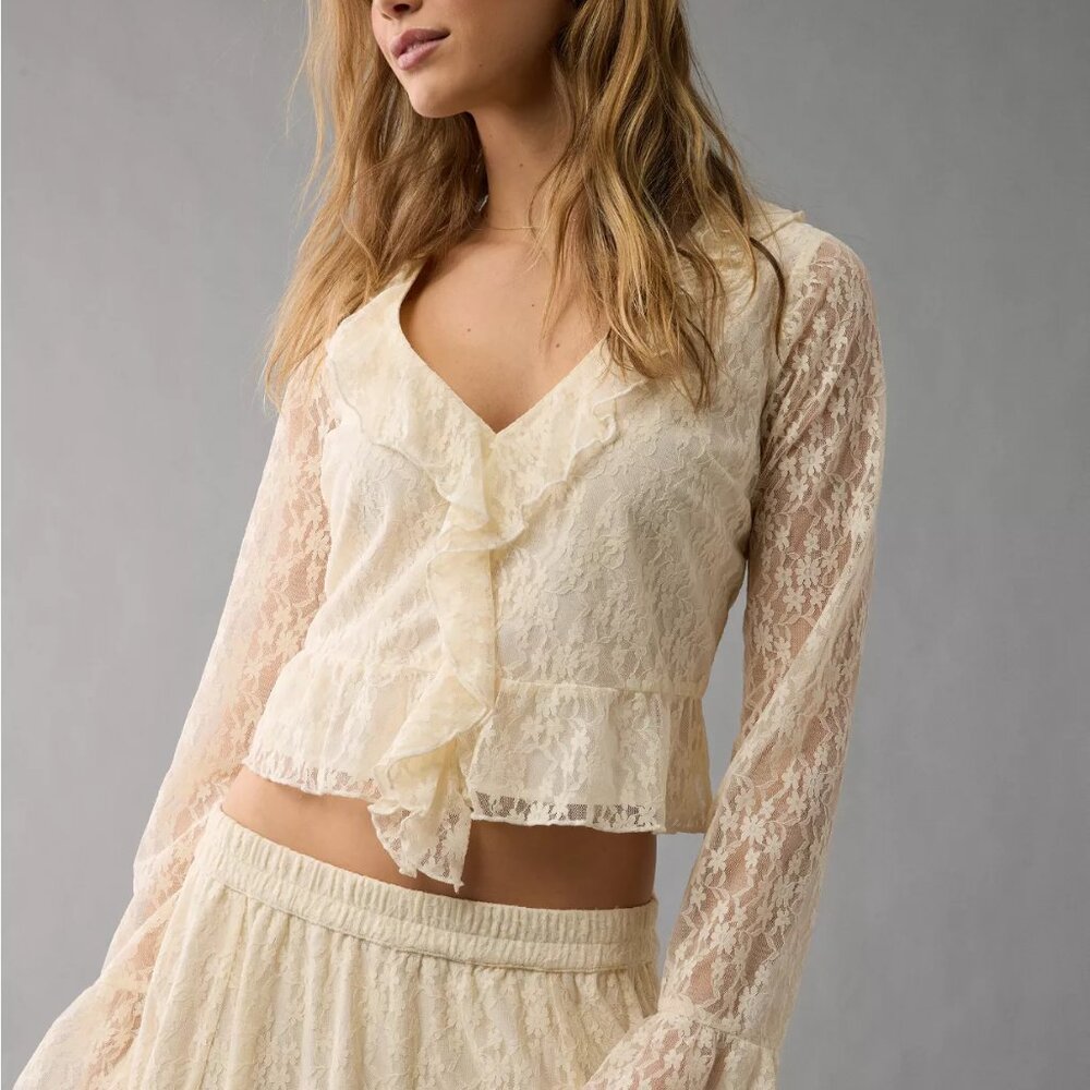AE Floral Lace Long Sleeve Bell Sleeve Ruffle Blouse Cream Beige Boho